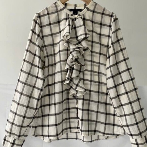 Tops - Black and White Plaid Ruffle Front Blouse